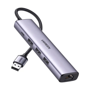 Ugreen CM475 (60554) USB Male to Tri USB 3.0, Type-C & Lan Female Grey Converter #60554