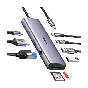 Ugreen CM498 (15375) Type-C Male to HDMI, Dual USB, LAN, SD, TF & Tri Type-C Female Gray Converter #15375
