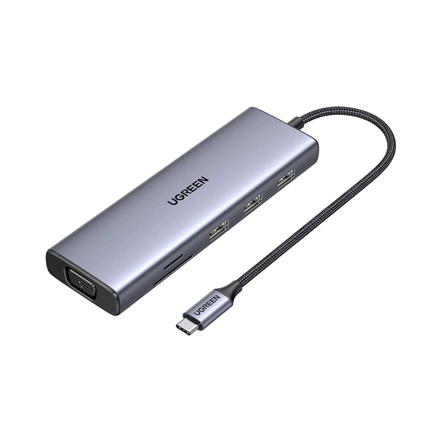 Ugreen CM498 15600 Type C Male to HDMI VGA Tri USB LAN SD TF Type C Female Gray Multiport Converter 15600