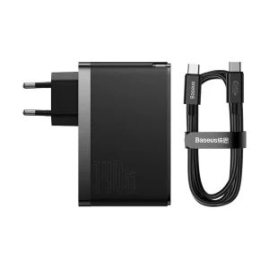 Baseus CCGP100201 GaN5 Pro USB & Dual USB-C 140W EU Black Charger / Charging Adapter with USB-C to USB-C 1 Meter Black Charging Cable #CCGP100201