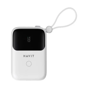 Havit PB5215 10000mAh White Power Bank with LED Display, USB-C & Lightning Cable