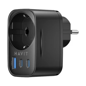 Havit UC142 GaN USB, Dual USB-C & AC Outlet 30W 4 In 1 Black Travel Charger / Charging Adapter With Plug Adapter