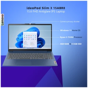 Lenovo IdeaPad Slim 3 15ABR8 AMD Ryzen 5 7530U 8GB RAM 512GB SSD 15.6 Inch FHD Antiglare IPS Display Abyss Blue Laptop