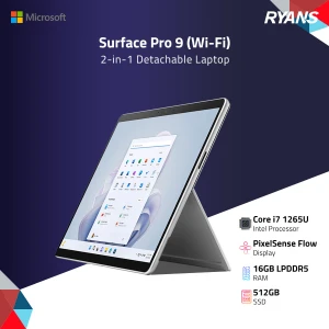 Microsoft Surface Pro 9 (Wi-Fi) Intel Core i7 1265U 16GB RAM 512GB SSD 13 Inch Pixelsense Flow Multi Touch Display Platinum 2-in-1 Detachable Laptop (Type Cover is sold separately)